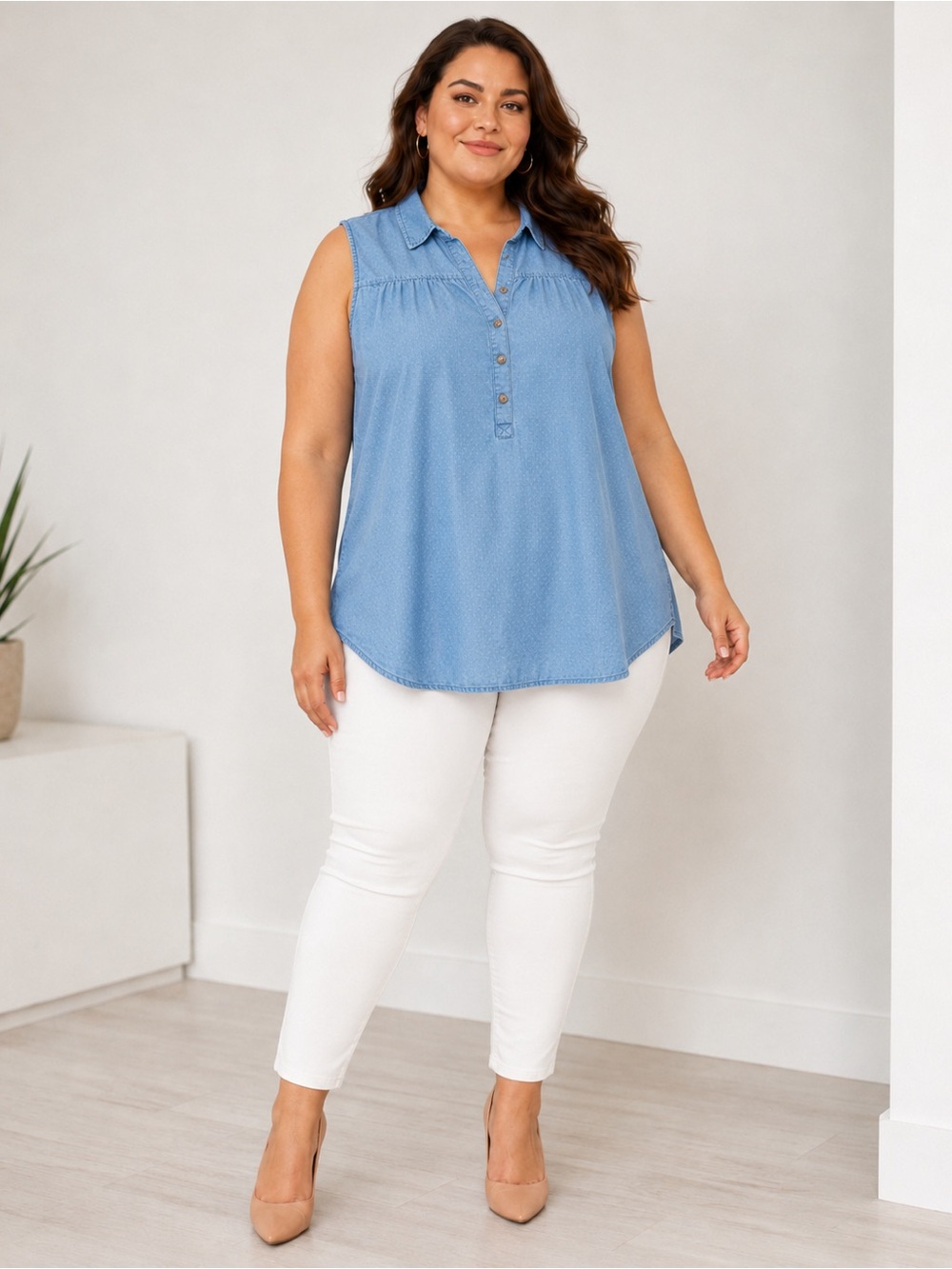 Time and Tru Light Blue Sleeveless Chambray Henley